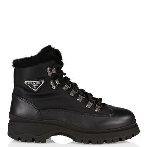 PRADA Brixxen 38 Shearling-Lined Leather & Nylon Hiking Boots